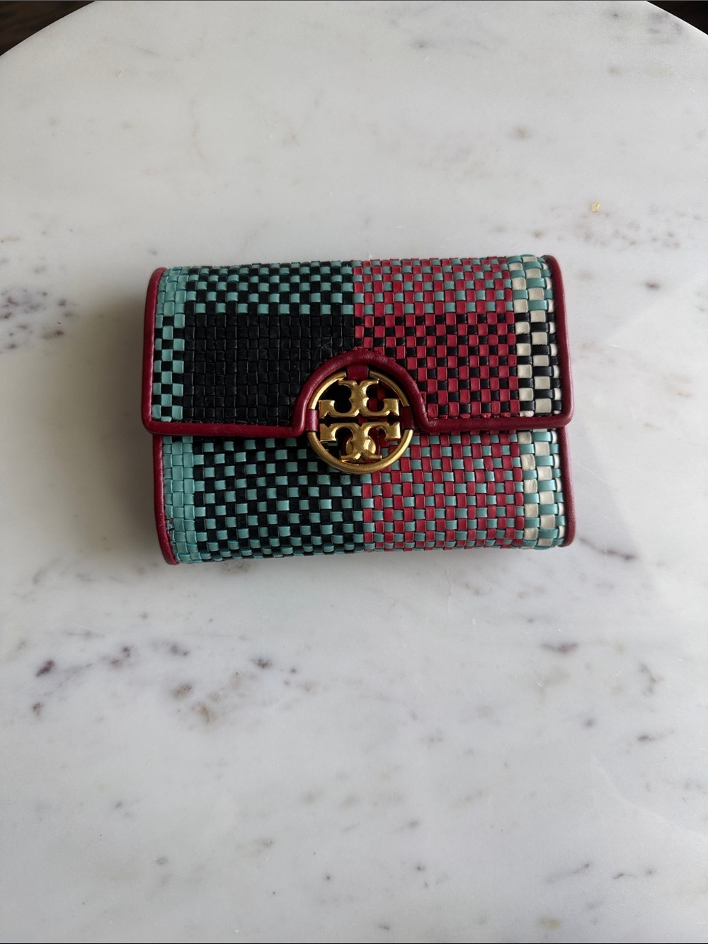 Tory Burch Woven Checker Compact Wallet - Red, Teal & Black